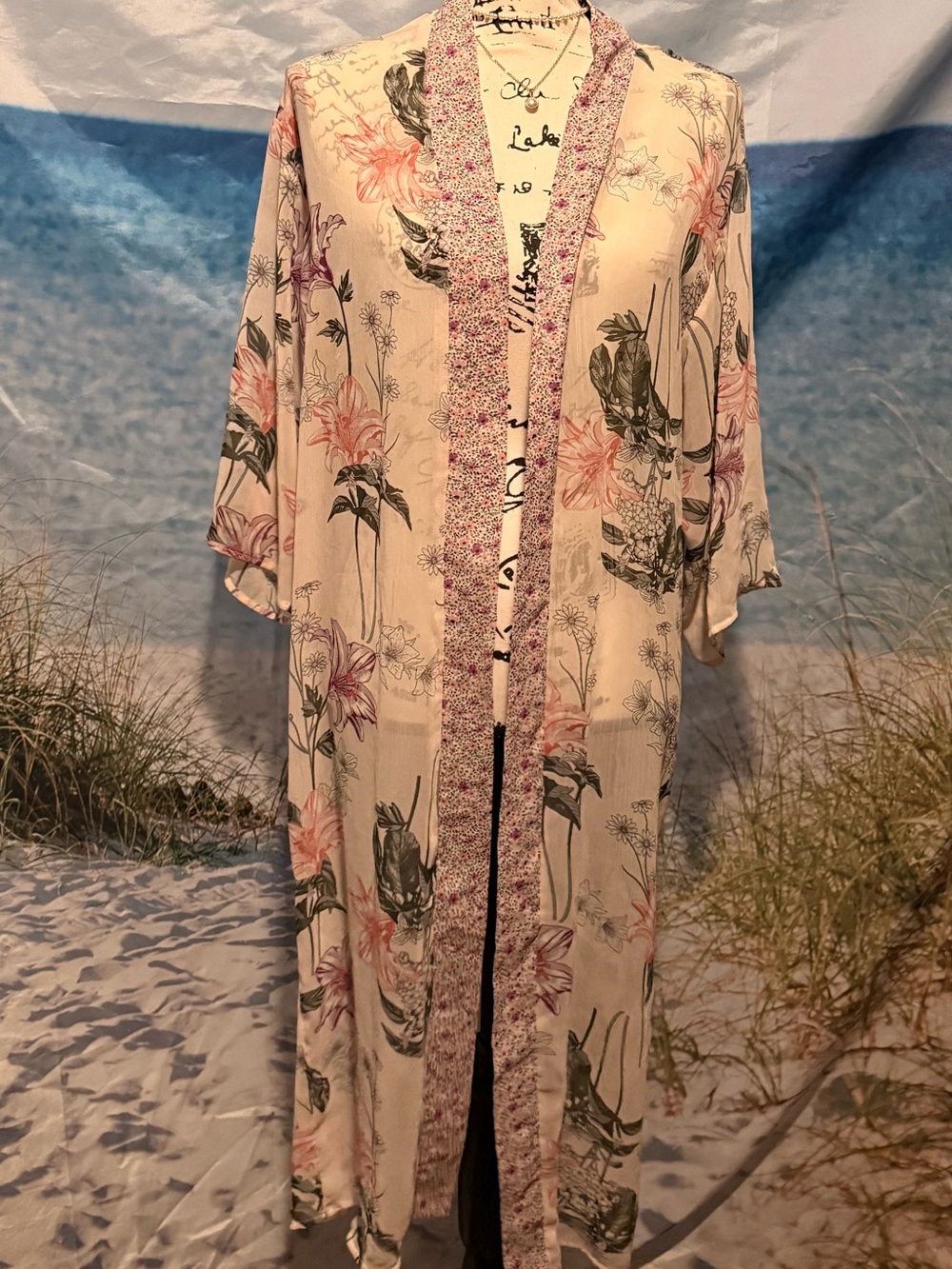 Floral Long Kimono Jacket - Pink Cream